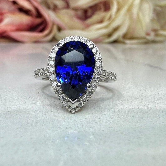 Pear Blue sapphire wedding halo 3.45ctw 14k white gold ring - JBR Jeweler
