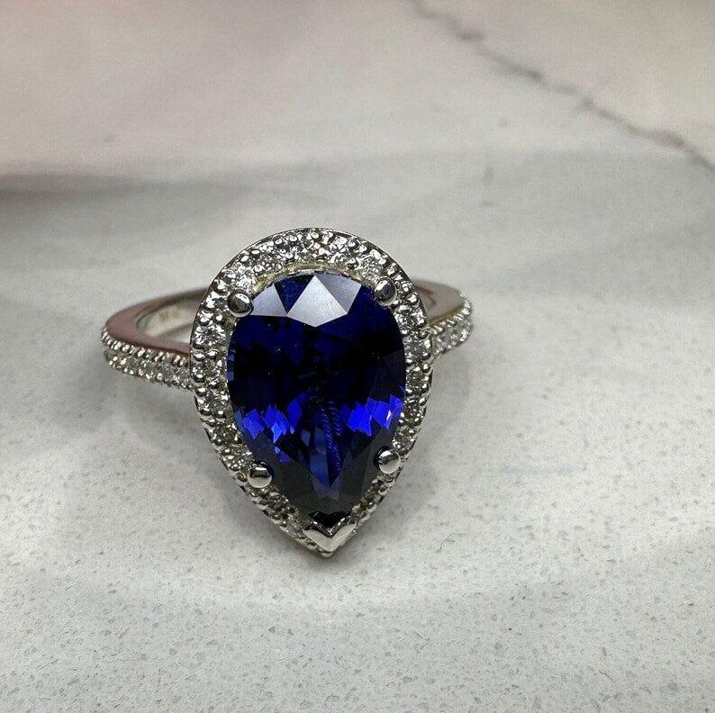 Pear Blue sapphire wedding halo 3.45ctw 14k white gold ring - JBR Jeweler