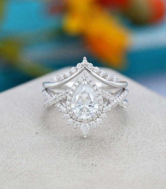 Pear Cut white gold Art deco Curved Band Anniversary Moissanite Engagement Ring Bridal Set - JBR Jeweler