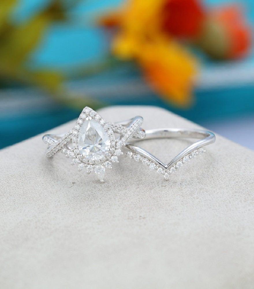 Pear Cut white gold Art deco Curved Band Anniversary Moissanite Engagement Ring Bridal Set - JBR Jeweler