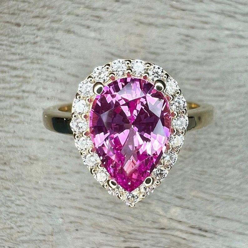 Pink sapphire Pear shaped & moissanite halo Engagement ring - JBR Jeweler