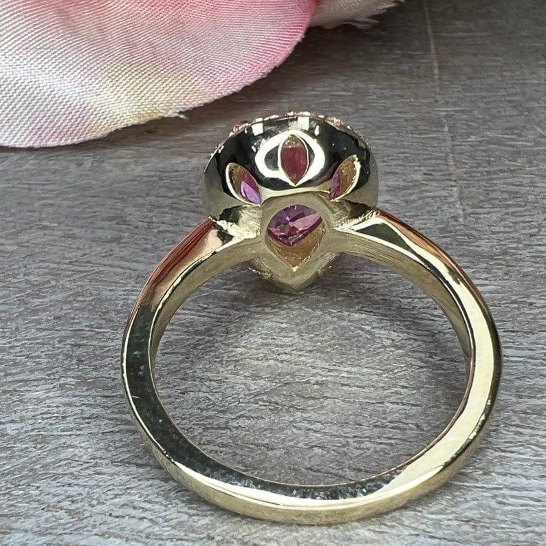 Pink sapphire Pear shaped & moissanite halo Engagement ring - JBR Jeweler