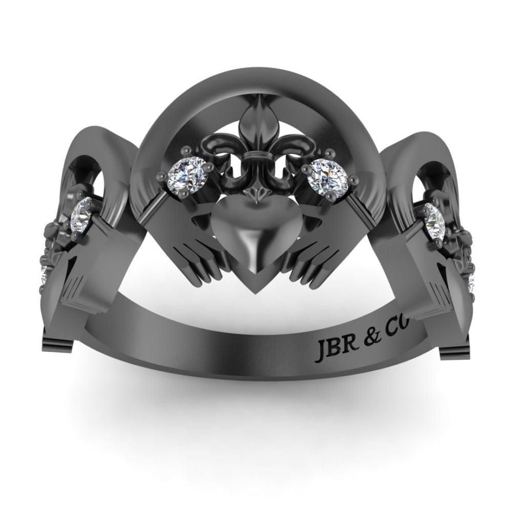 JBR Jeweler Silver Ring 3 / Silver Black Rhodium Plated Polished Three Heart Sterling Silver Claddagh Ring