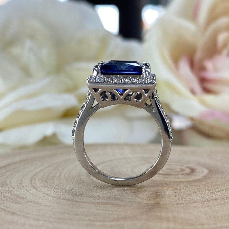 Princess Cut Blue Sapphire Halo Moissanite Engagement Rings - JBR Jeweler
