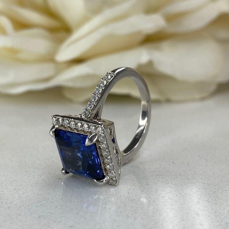 Princess Cut Blue Sapphire Halo Moissanite Engagement Rings - JBR Jeweler