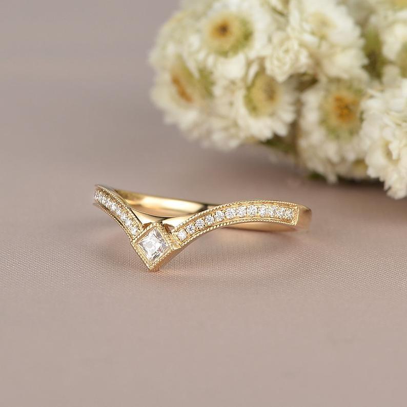 Princess Cut Yellow Gold Milgrain Detail Chevron Half Eternity Chevron Wedding Band - JBR Jeweler