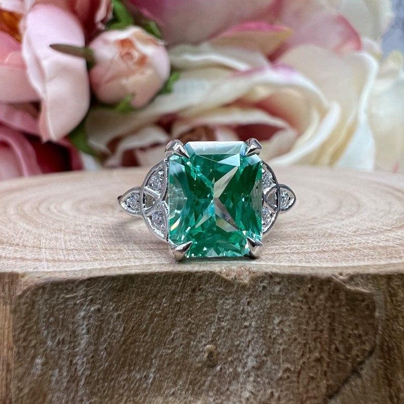 JBR Jeweler Gemstone Engagement Ring Radiant Cut Paraiba Tourmaline & Moissanite Engagement Ring
