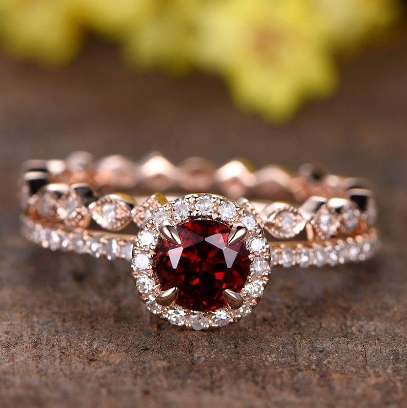 Red Garnet Engagement Bridal Set Band Art Deco Wedding ring - JBR Jeweler