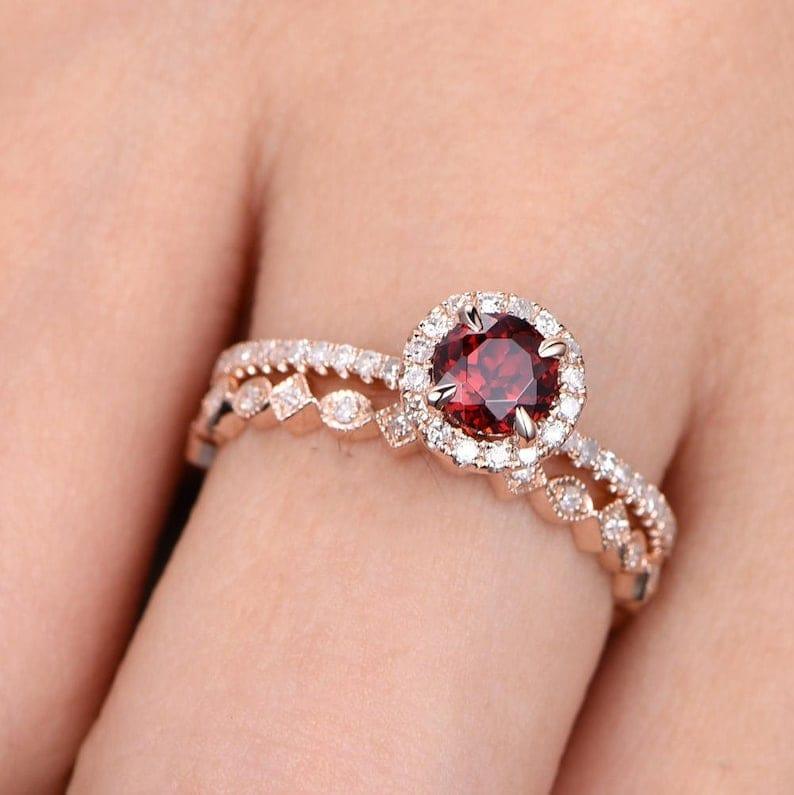 Red Garnet Engagement Bridal Set Band Art Deco Wedding ring - JBR Jeweler