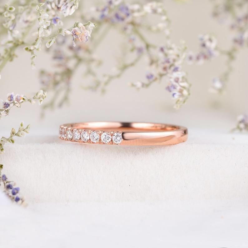 JBR Jeweler Moissanite Wedding Ring Rose Gold Half Eternity 2mm Wide Stacking Moissanite Wedding Band Gift For Her