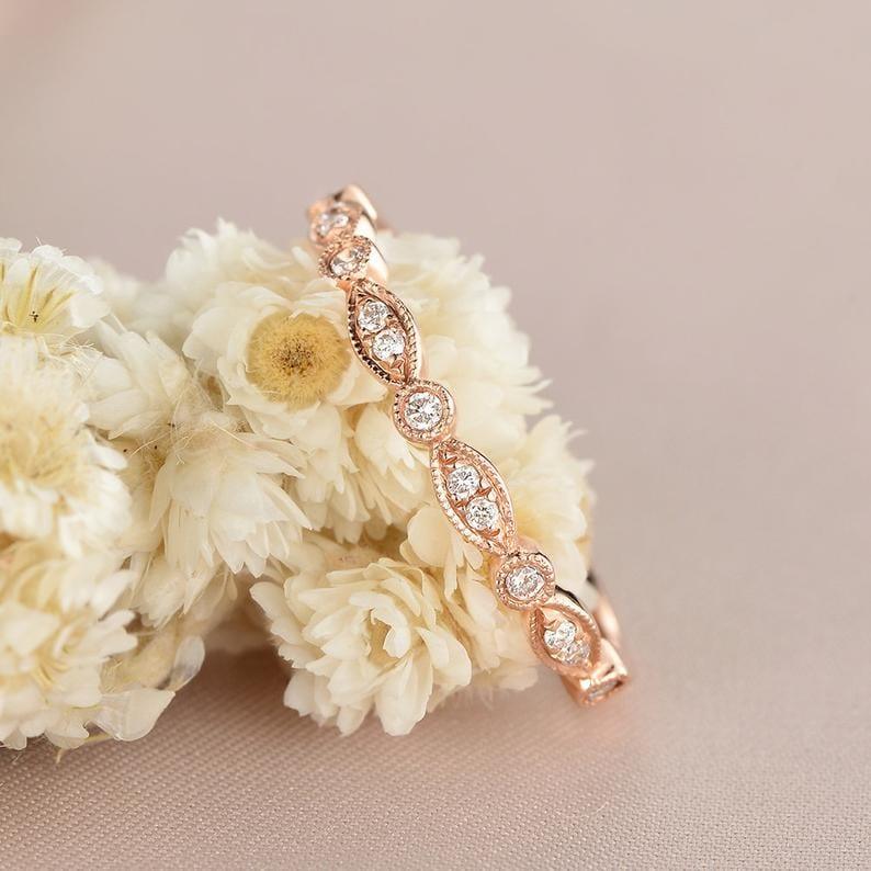 Rose Gold Round Cut Art Deco Half Eternity Milgrain Stacking Moissanite Wedding Band - JBR Jeweler