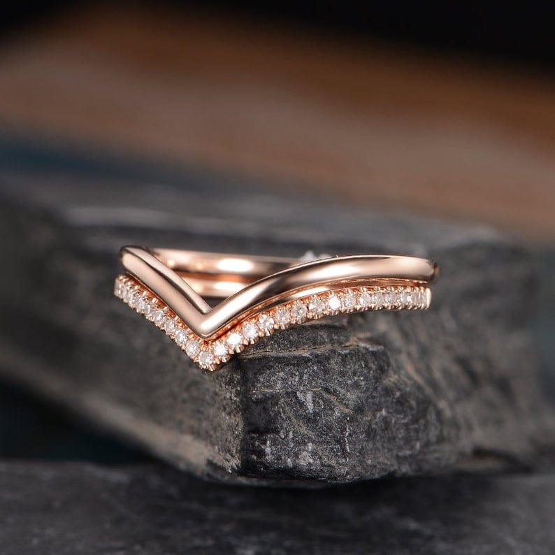 Rose Gold V Shape Curved Chevron 2Pc Matching Moissanite Promise Wedding Band - JBR Jeweler