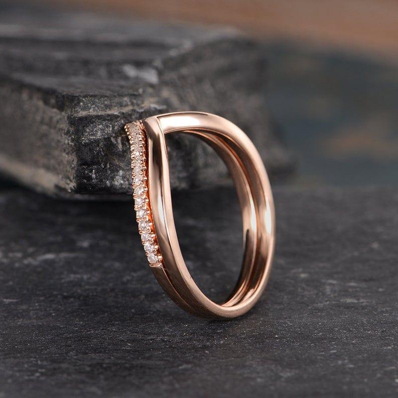 Rose Gold V Shape Curved Chevron 2Pc Matching Moissanite Promise Wedding Band - JBR Jeweler