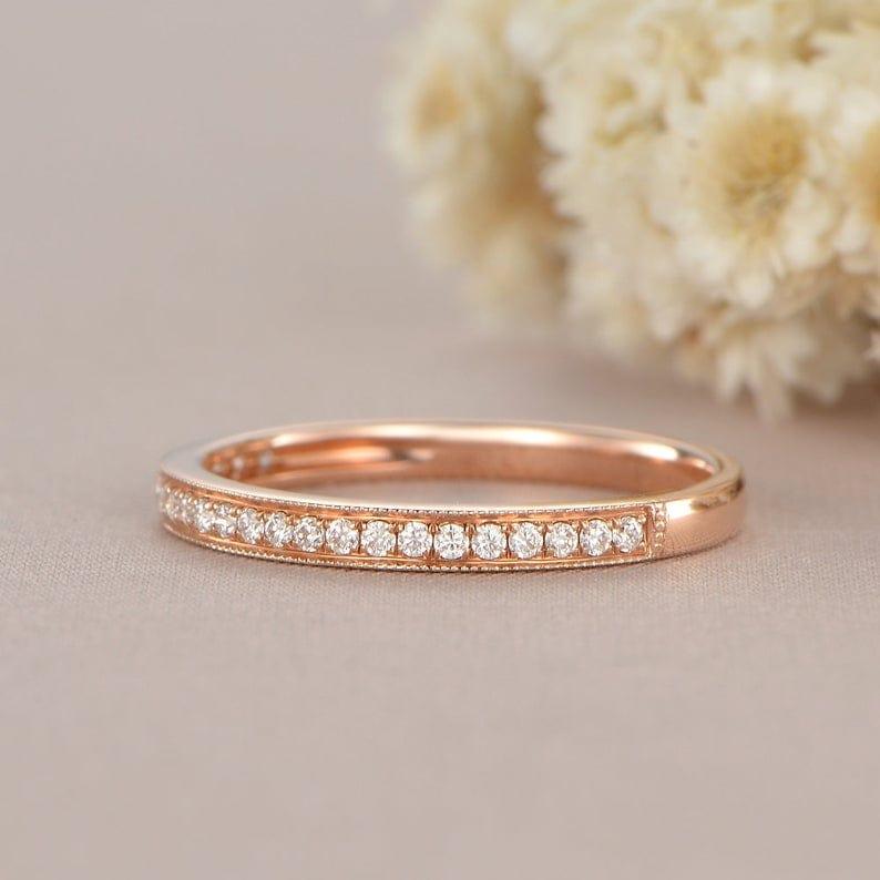 Rose Gold Woman Half Eternity Diamond Art Deco Matching Band Milgrain Dainty Wedding Band - JBR Jeweler