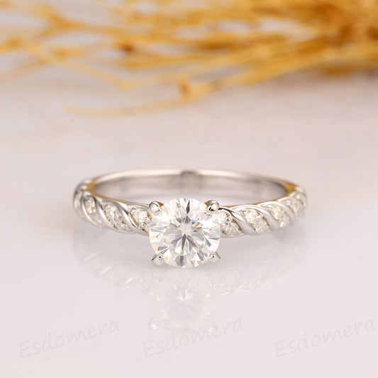 Round Cut 1ct Moissanite Rope Style Pave Accents Engagament Ring - JBR Jeweler