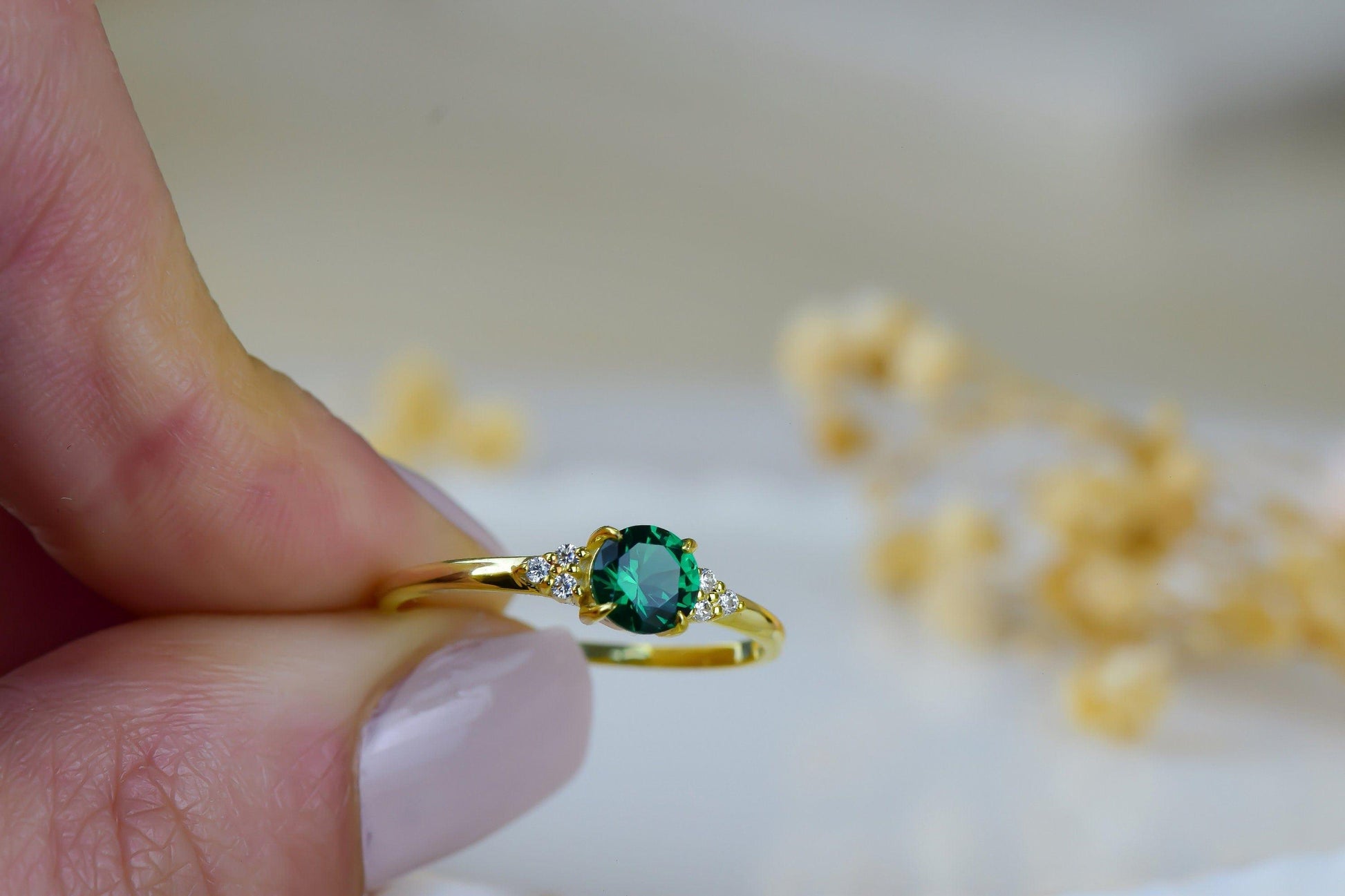 Round Cut Emerald Engagement 14K Gold Dainty Wedding Anniversary Ring Mothers Day Gift - JBR Jeweler