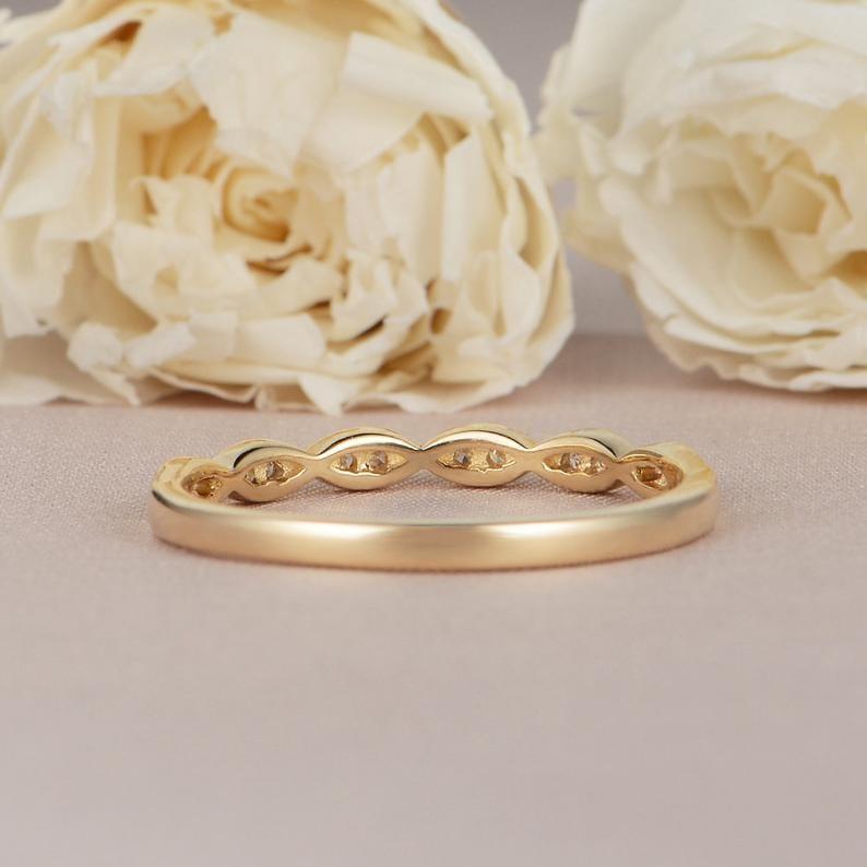 Round Cut Rose Gold Half Eternity Dainty Twist Stacking Minimalist Moissanite Wedding Band - JBR Jeweler