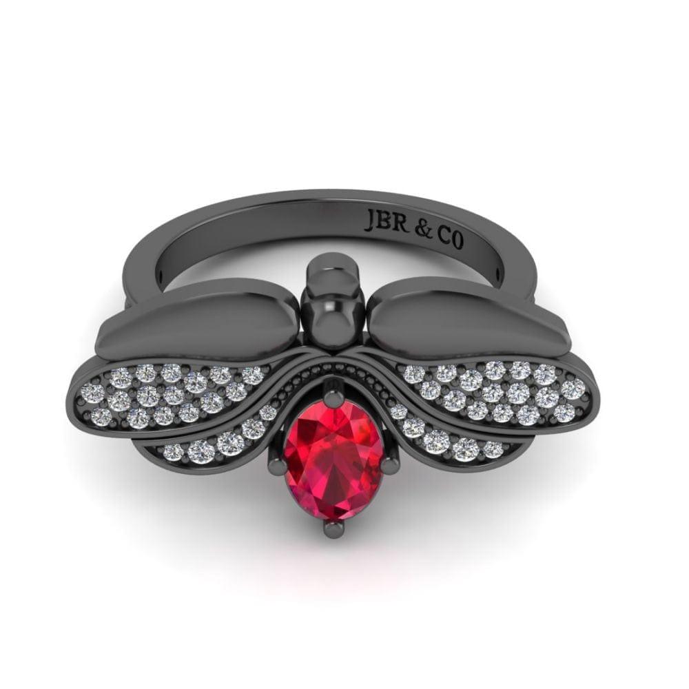 JBR Jeweler Silver Ring 3 / Silver Black Rhodium Plated Ruby Butterfly Style Sterling Silver Ring