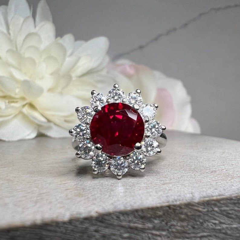 Ruby Round Halo Engagement White Gold Moissanite Ring For Gift - JBR Jeweler