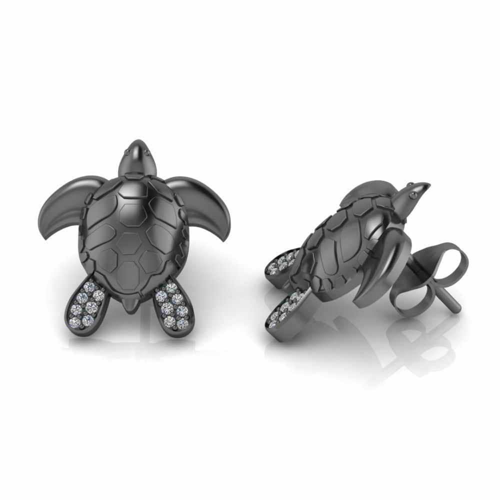 JBR Jeweler Silver Earring 0 / Silver Black Rhodium Plated Sea Turtle Posts Screw Back Earring In Sterling Silver