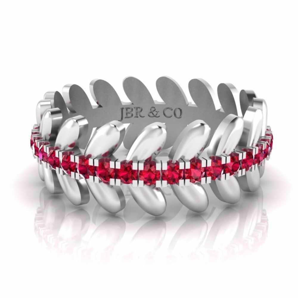 JBR Jeweler Silver Ring 3 / Silver She & I Leaf And Flower Design Women's Band Ruby Accent In Sterling Silver