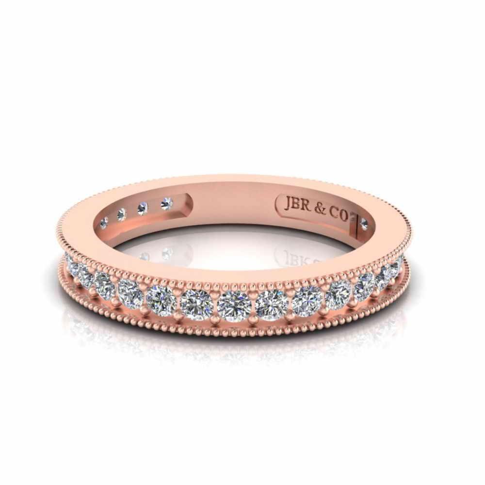 JBR Jeweler Silver Ring 3 / Silver Rose Gold Plated Simple Channel Set Milgrain Sterling Silver Women's Band