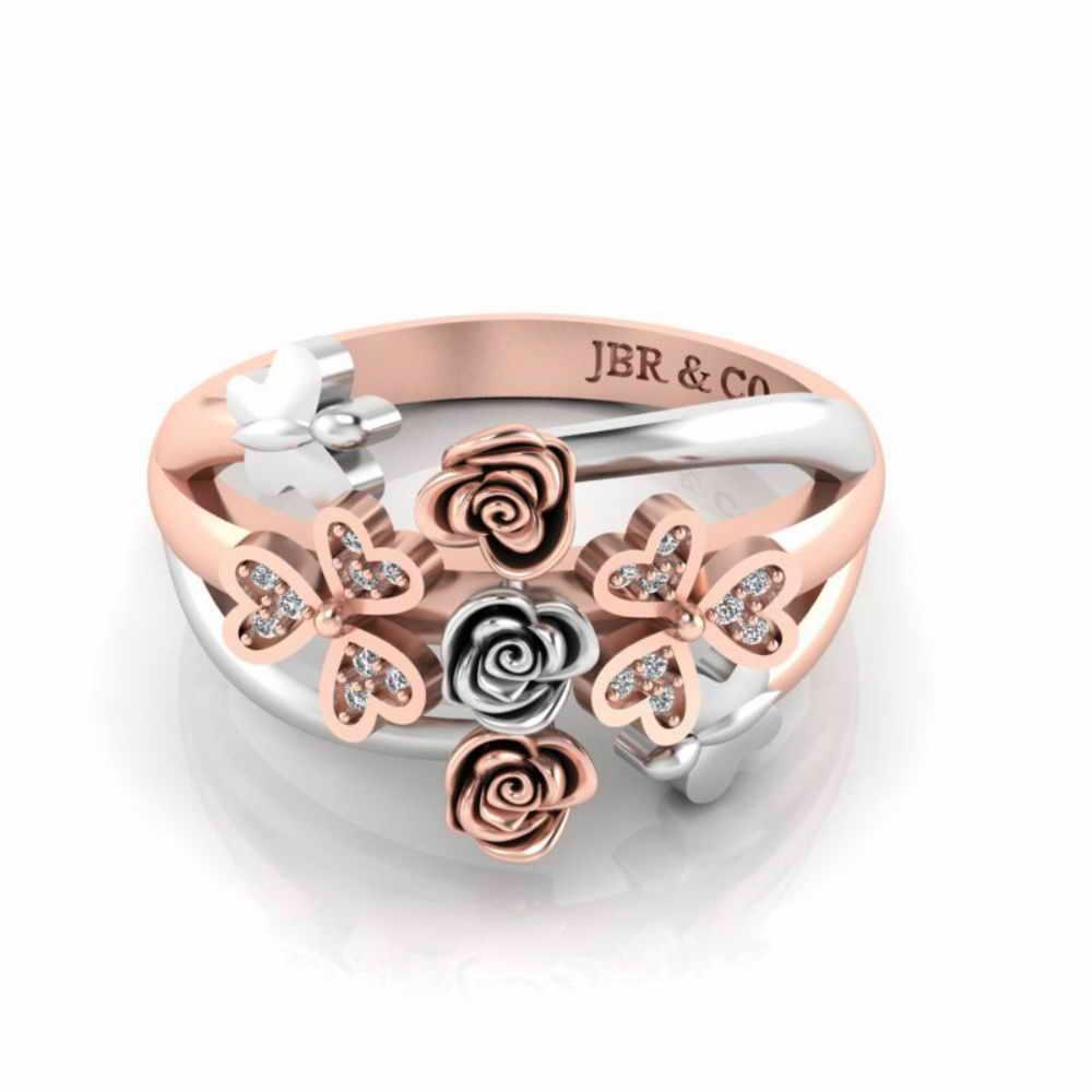 Two Tone Heart And Butterfly Rose Sterling Silver Ring - JBR Jeweler