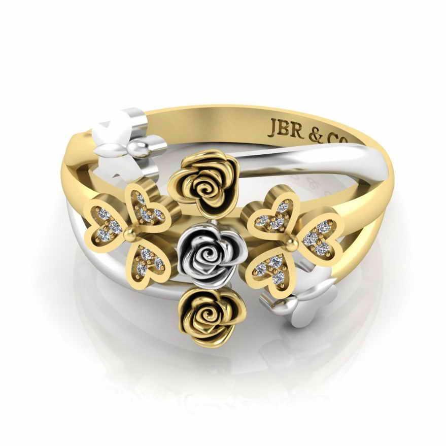 Two Tone Heart And Butterfly Rose Sterling Silver Ring - JBR Jeweler