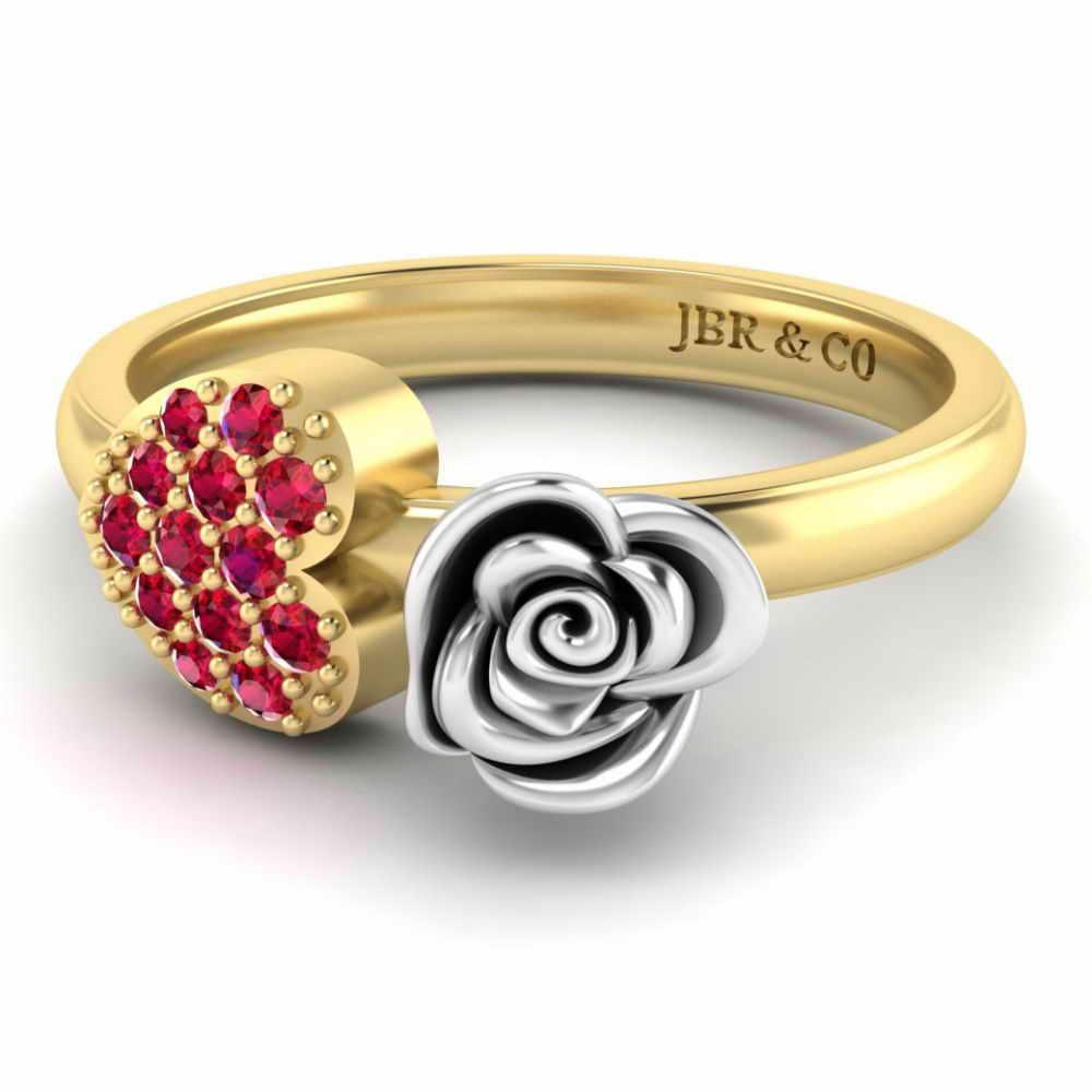 JBR Jeweler Silver Ring 3 / Silver Yellow Gold Plated Two Tone Heart Ruby Rose Ring In Sterling Silver