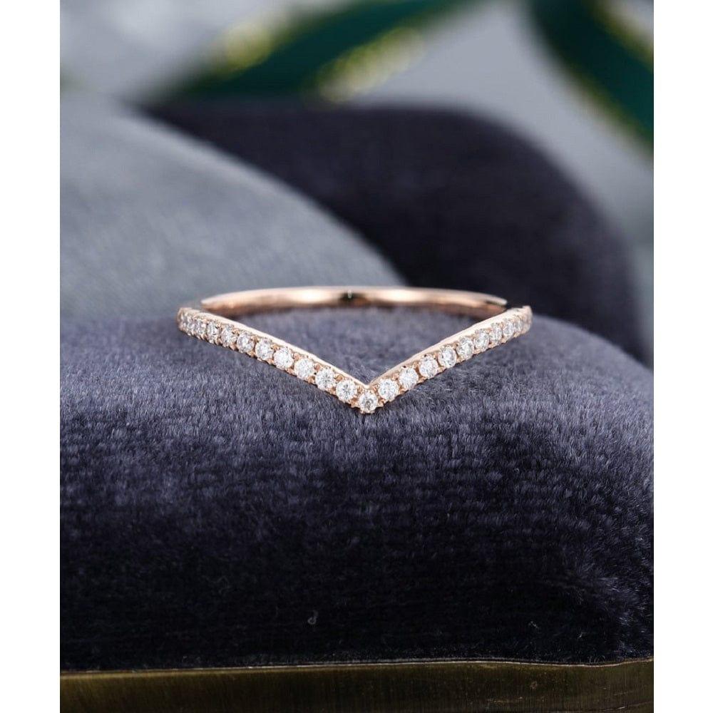 Unique Curved Rose Gold Round Cut Chevron Stacking Bridal Moissanite Wedding Band - JBR Jeweler