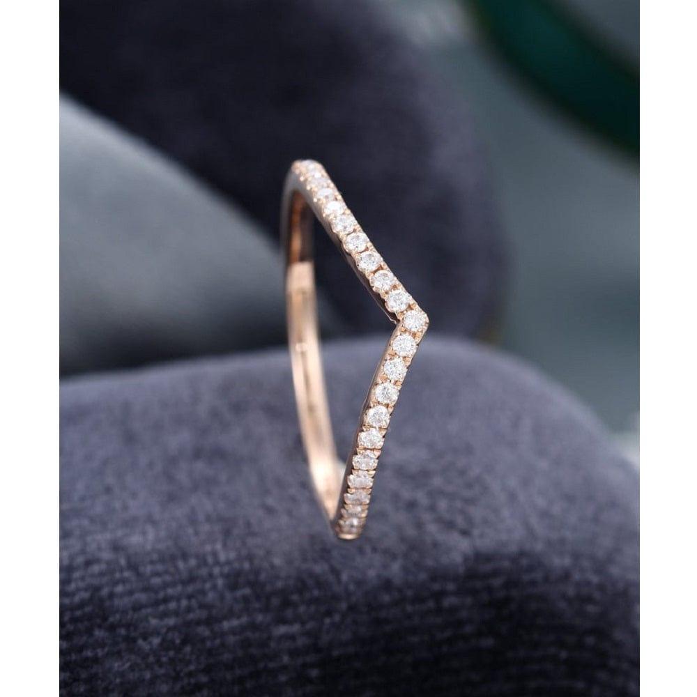 Unique Curved Rose Gold Round Cut Chevron Stacking Bridal Moissanite Wedding Band - JBR Jeweler