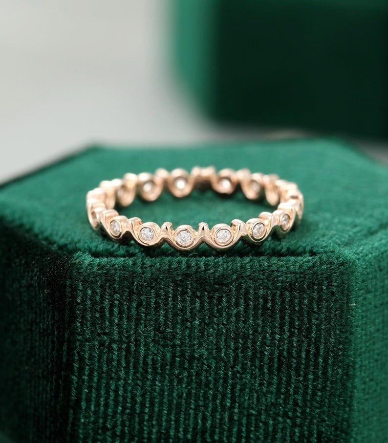 Unique Rose Gold Full Eternity Bezel Set Bridal Stacking Moissanite Wedding Band - JBR Jeweler