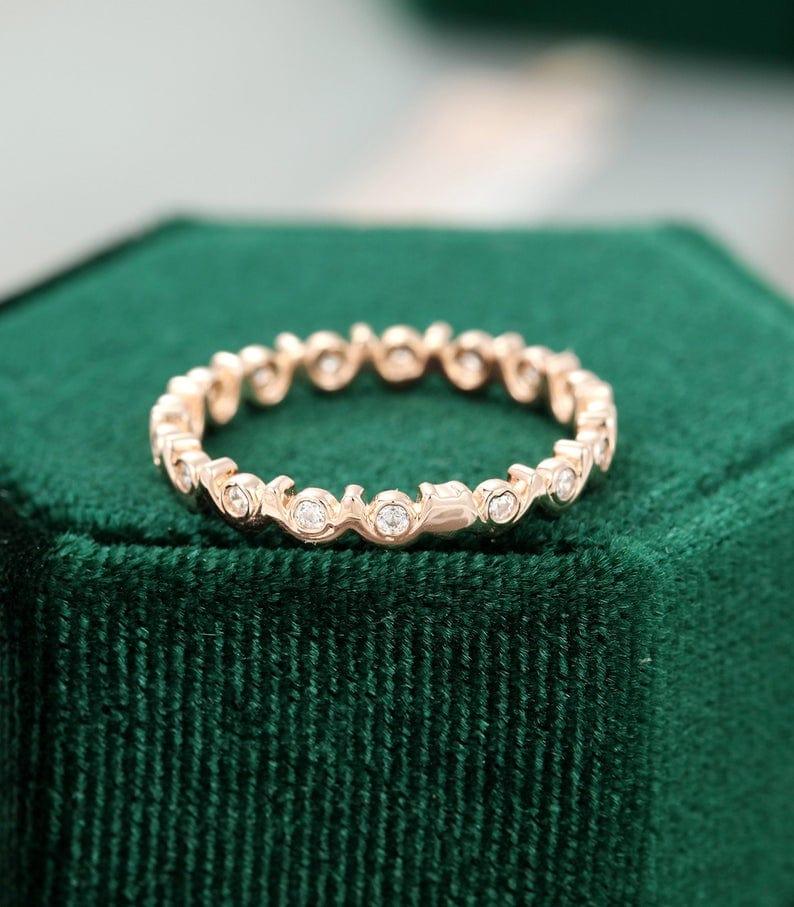 Unique Rose Gold Full Eternity Bezel Set Bridal Stacking Moissanite Wedding Band - JBR Jeweler