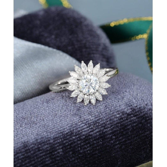 Unique Vintage White Gold Flower Halo Marquise Accent Moissanite Engagement Wedding Ring - JBR Jeweler