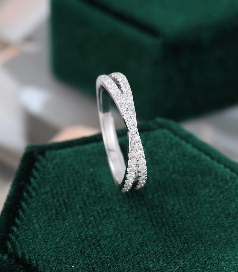 Unique White Gold Cross Intertwined Bridal Half Eternity Stacking Moissanite Wedding Band - JBR Jeweler