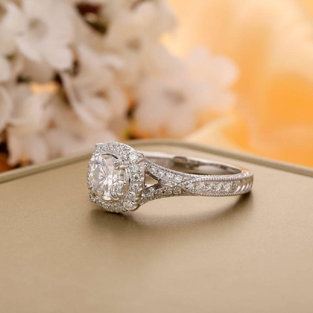 Vintage 1.0CT Round Cut Solid White Gold Anniversary Halo Moissanite Engagement Ring - JBR Jeweler