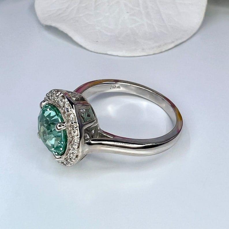 Vintage Teal Green Paraiba tourmaline Moissanite Halo Ring - JBR Jeweler