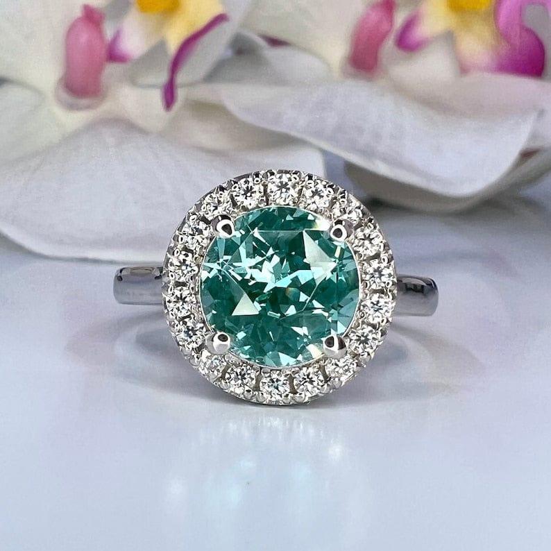 vintage teal green paraiba tourmaline moissanite halo ring jbr jeweler 4
