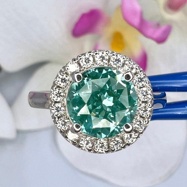 Vintage Teal Green Paraiba tourmaline Moissanite Halo Ring - JBR Jeweler