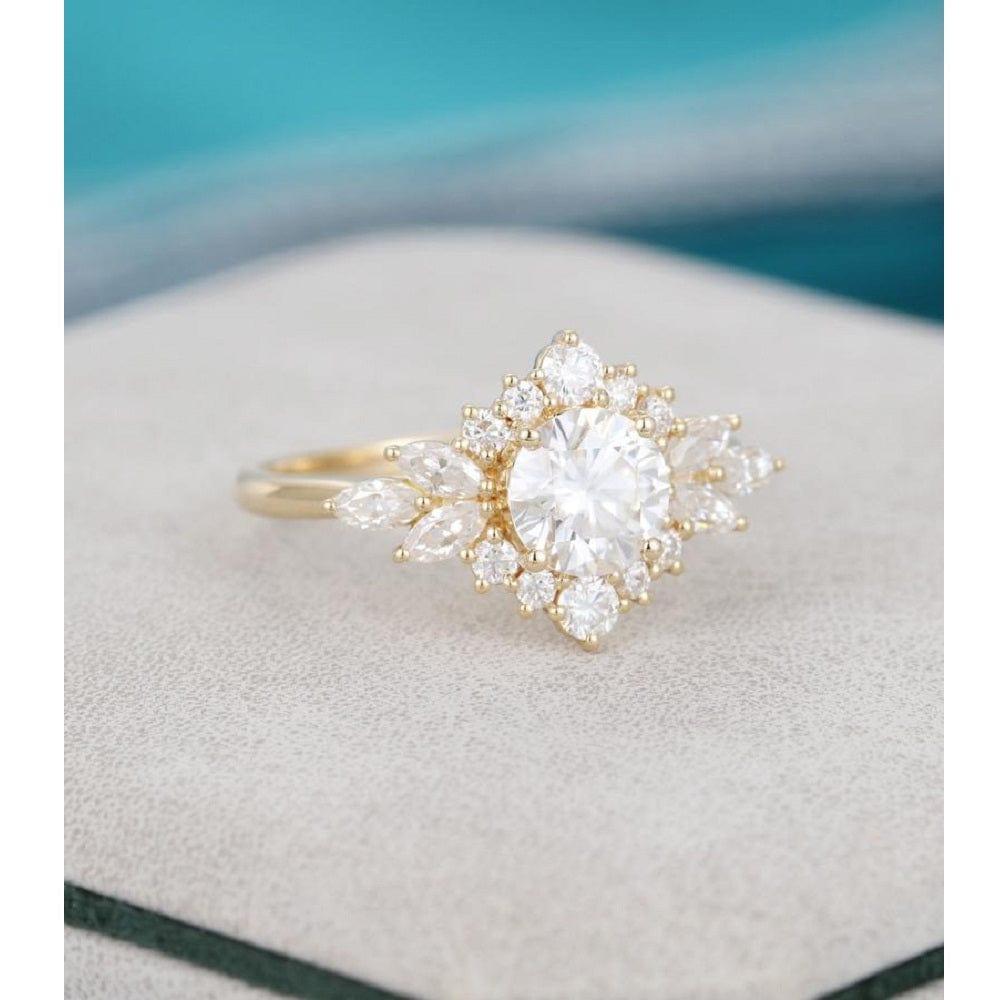 Vintage Yellow Gold Unique Halo Flower Round Cut Wedding Moissanite Engagement Ring - JBR Jeweler