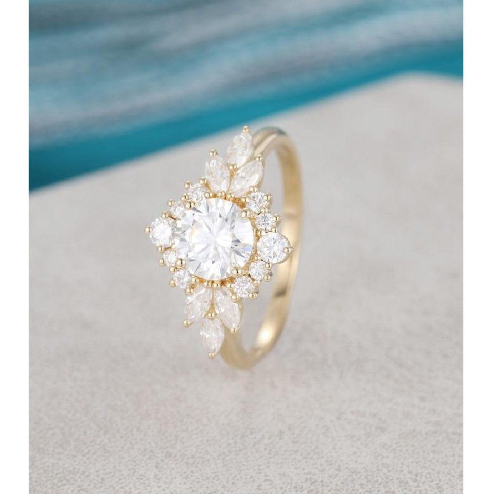 Vintage Yellow Gold Unique Halo Flower Round Cut Wedding Moissanite Engagement Ring - JBR Jeweler